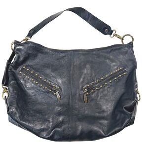 Berge Black Leather Hobo Bag Studded Zip Pocket Antique Brass Hardware Large EUC
